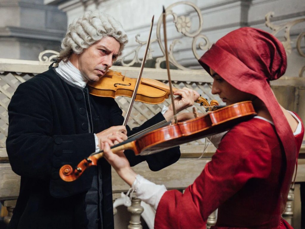 An image of Cecilia, an orphelin young woman in the Ospedale della pietà, looking at Vivaldi, her music teacher